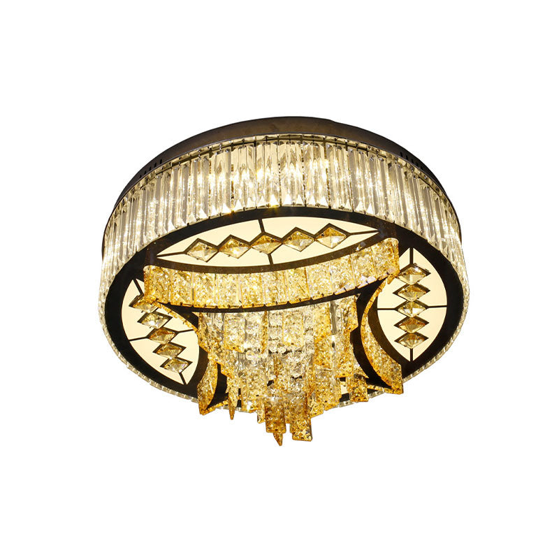 Drum Living Room Flush Mount Lighting Fixture Modern Tan Crystal LED White Ceiling Light with Waveform Frame Clearhalo 'Ceiling Lights' 'Close To Ceiling Lights' 'Close to ceiling' 'Flush mount' Lighting' 814200