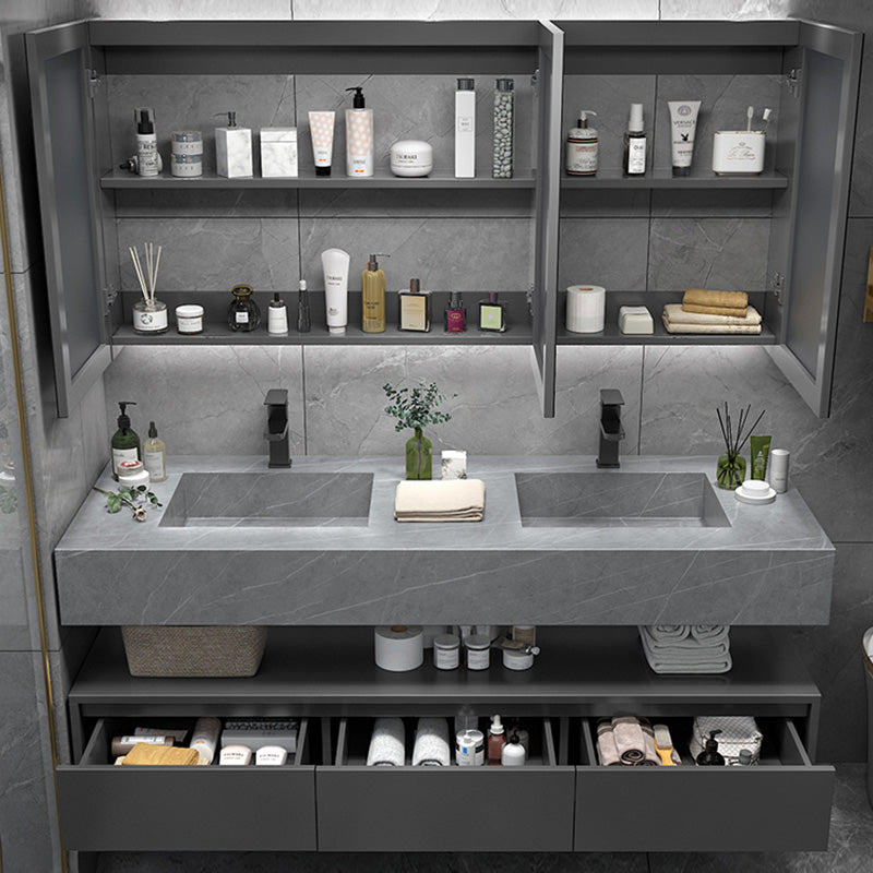 Shelf Included Bathroom Vanity Set Grey Stone Mirror Wall-Mounted Drawers with Faucet Clearhalo 'Bathroom Remodel & Bathroom Fixtures' 'Bathroom Vanities' 'bathroom_vanities' 'Home Improvement' 'home_improvement' 'home_improvement_bathroom_vanities' 8142030