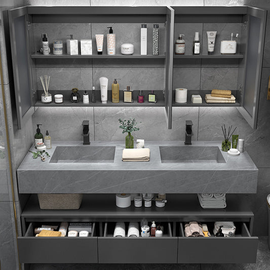 Shelf Included Bathroom Vanity Set Grey Stone Mirror Wall-Mounted Drawers with Faucet Clearhalo 'Bathroom Remodel & Bathroom Fixtures' 'Bathroom Vanities' 'bathroom_vanities' 'Home Improvement' 'home_improvement' 'home_improvement_bathroom_vanities' 8142030