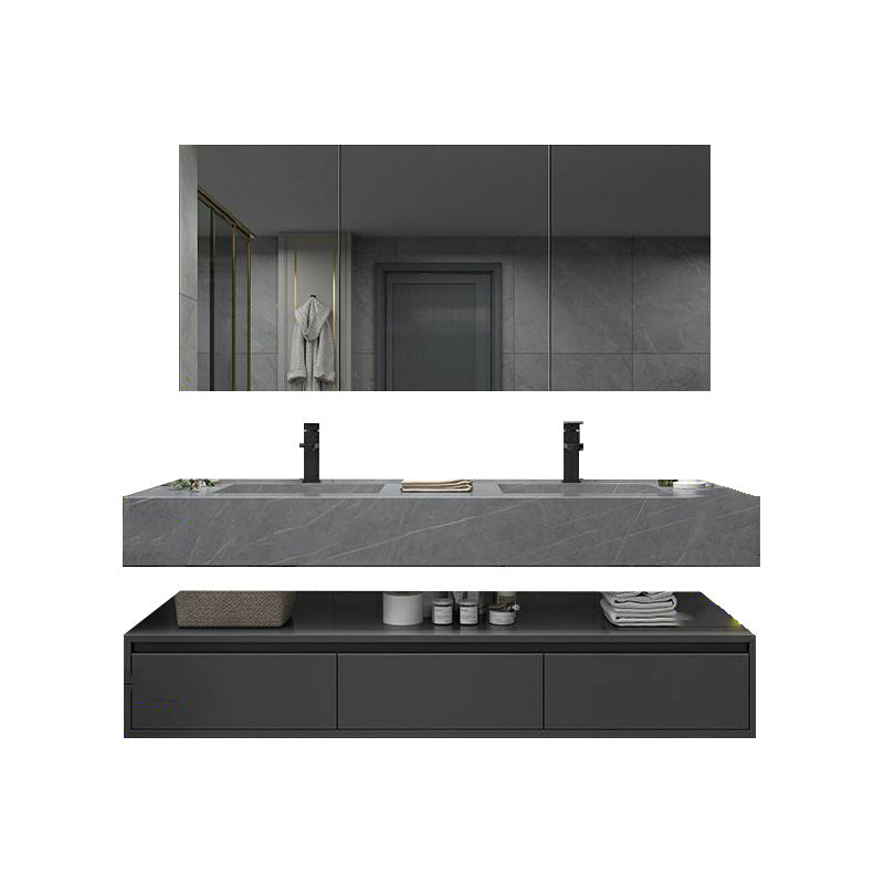Shelf Included Bathroom Vanity Set Grey Stone Mirror Wall-Mounted Drawers with Faucet 55"L x 22"W x 5.9"H Clearhalo 'Bathroom Remodel & Bathroom Fixtures' 'Bathroom Vanities' 'bathroom_vanities' 'Home Improvement' 'home_improvement' 'home_improvement_bathroom_vanities' 8142034