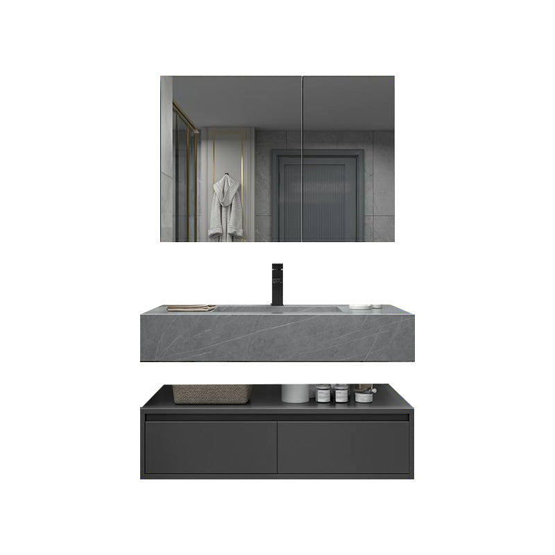 Shelf Included Bathroom Vanity Set Grey Stone Mirror Wall-Mounted Drawers with Faucet 35"L x 22"W x 5.9"H Clearhalo 'Bathroom Remodel & Bathroom Fixtures' 'Bathroom Vanities' 'bathroom_vanities' 'Home Improvement' 'home_improvement' 'home_improvement_bathroom_vanities' 8142036