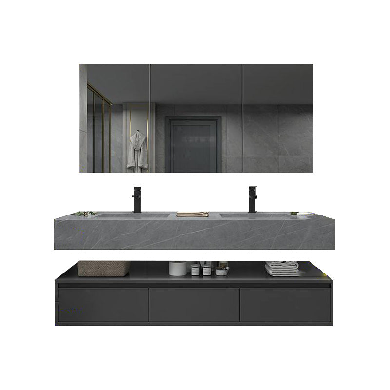 Shelf Included Bathroom Vanity Set Grey Stone Mirror Wall-Mounted Drawers with Faucet 59"L x 22"W x 5.9"H Clearhalo 'Bathroom Remodel & Bathroom Fixtures' 'Bathroom Vanities' 'bathroom_vanities' 'Home Improvement' 'home_improvement' 'home_improvement_bathroom_vanities' 8142039