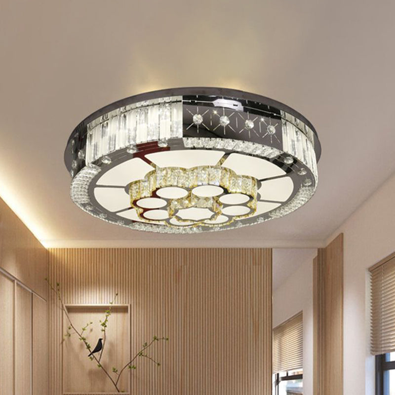 LED Drum Shade Flush Mount Lamp Modern Style Chrome Crystal Block Ceiling Fixture for Living Room with Bloom Design Chrome Clearhalo 'Ceiling Lights' 'Close To Ceiling Lights' 'Close to ceiling' 'Flush mount' Lighting' 814226