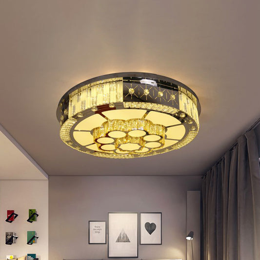 LED Drum Shade Flush Mount Lamp Modern Style Chrome Crystal Block Ceiling Fixture for Living Room with Bloom Design Clearhalo 'Ceiling Lights' 'Close To Ceiling Lights' 'Close to ceiling' 'Flush mount' Lighting' 814227