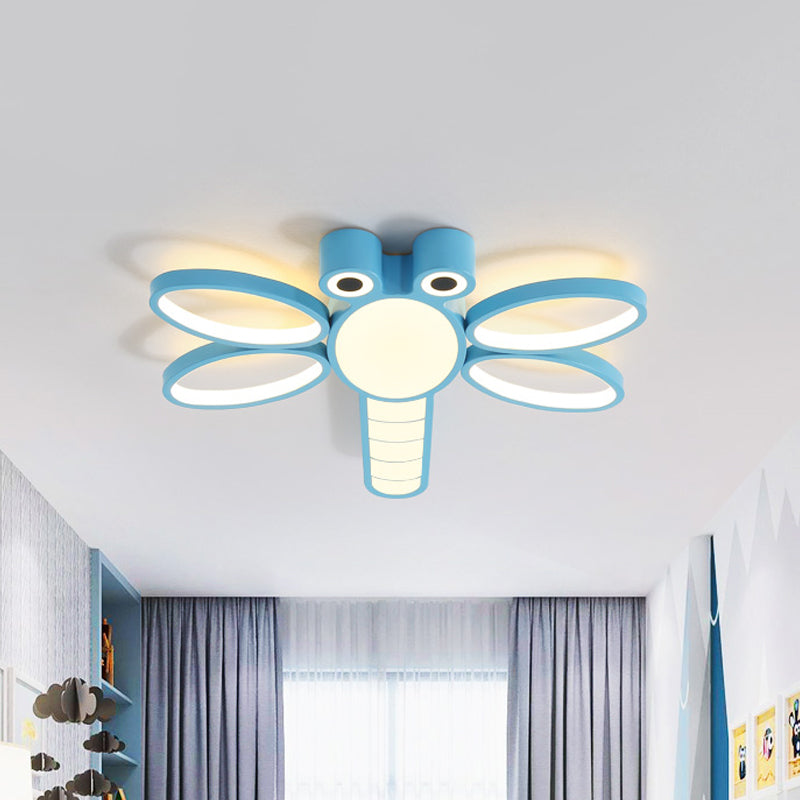 Iron Dragonfly Flush-Mount Light Fixture Cartoon Pink/Blue LED Ceiling Lighting in Warm/White Light Blue Clearhalo 'Ceiling Lights' 'Close To Ceiling Lights' 'Close to ceiling' 'Flush mount' Lighting' 814255