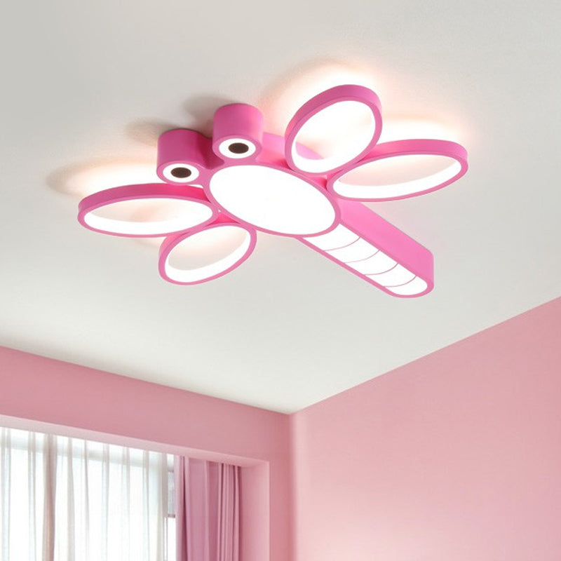 Iron Dragonfly Flush-Mount Light Fixture Cartoon Pink/Blue LED Ceiling Lighting in Warm/White Light Pink Clearhalo 'Ceiling Lights' 'Close To Ceiling Lights' 'Close to ceiling' 'Flush mount' Lighting' 814259