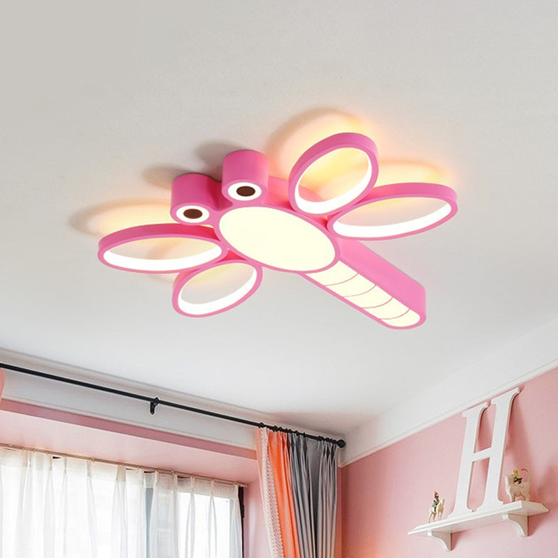 Iron Dragonfly Flush-Mount Light Fixture Cartoon Pink/Blue LED Ceiling Lighting in Warm/White Light Clearhalo 'Ceiling Lights' 'Close To Ceiling Lights' 'Close to ceiling' 'Flush mount' Lighting' 814260