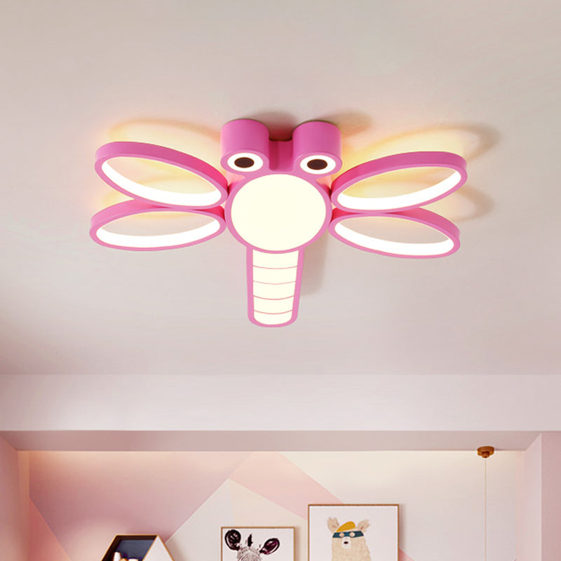 Iron Dragonfly Flush-Mount Light Fixture Cartoon Pink/Blue LED Ceiling Lighting in Warm/White Light Clearhalo 'Ceiling Lights' 'Close To Ceiling Lights' 'Close to ceiling' 'Flush mount' Lighting' 814261