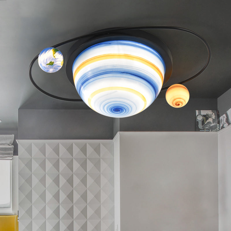 Sphere and Astral Child Room Ceiling Flush Stained Glass 2-Bulb Kids Flush Mount Light Fixture in Blue, Warm/White Light Blue Clearhalo 'Ceiling Lights' 'Close To Ceiling Lights' 'Close to ceiling' 'Flush mount' Lighting' 814320