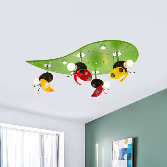 Ladybug Rest On Leaf Ceiling Light Kid Iron 4-Bulb Bedroom Semi Flush Mount in Green Green Clearhalo 'Ceiling Lights' 'Close To Ceiling Lights' 'Close to ceiling' 'Semi-flushmount' Lighting' 814340