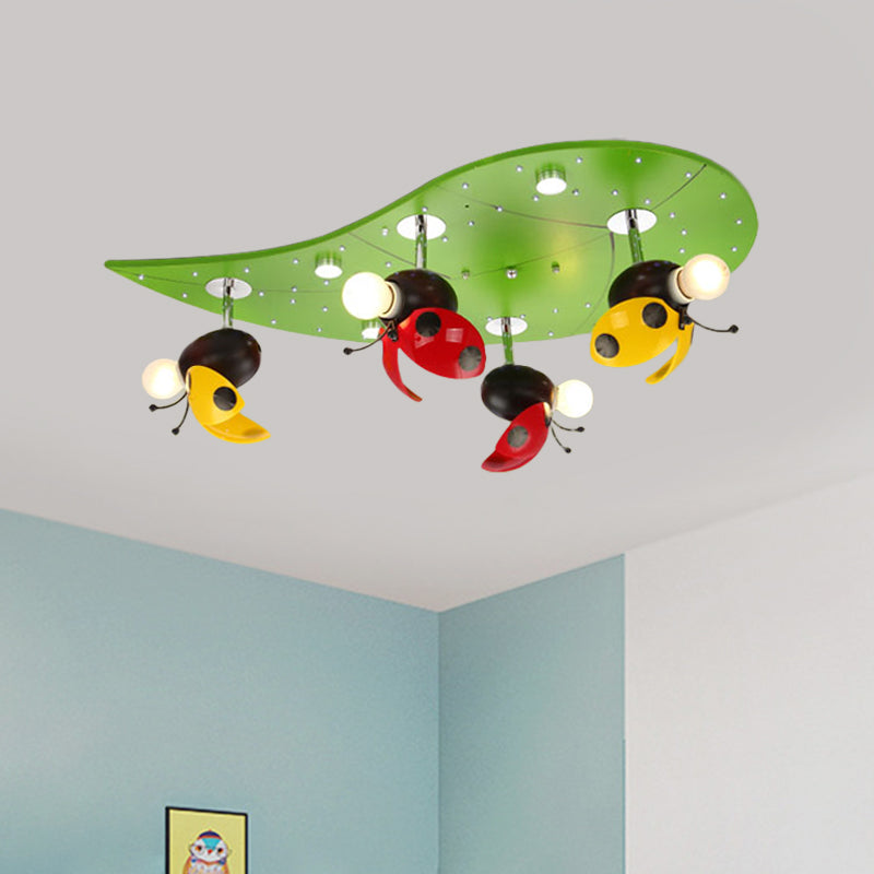 Ladybug Rest On Leaf Ceiling Light Kid Iron 4-Bulb Bedroom Semi Flush Mount in Green Clearhalo 'Ceiling Lights' 'Close To Ceiling Lights' 'Close to ceiling' 'Semi-flushmount' Lighting' 814341