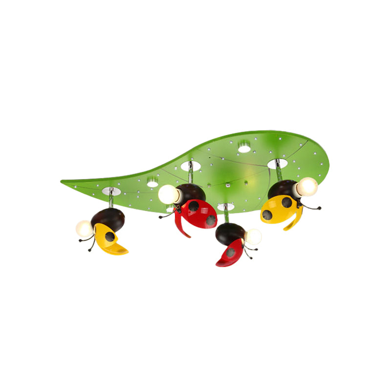 Ladybug Rest On Leaf Ceiling Light Kid Iron 4-Bulb Bedroom Semi Flush Mount in Green Clearhalo 'Ceiling Lights' 'Close To Ceiling Lights' 'Close to ceiling' 'Semi-flushmount' Lighting' 814342