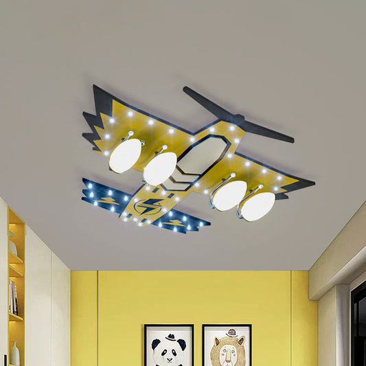 Kids Fighter Jet Wood Flushmount 4 Heads Flush Mounted Ceiling Light in Yellow for Boy's Bedroom Yellow Clearhalo 'Ceiling Lights' 'Close To Ceiling Lights' 'Close to ceiling' 'Semi-flushmount' Lighting' 814344