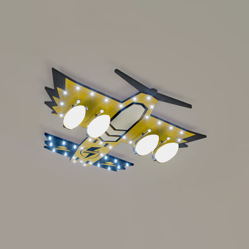 Kids Fighter Jet Wood Flushmount 4 Heads Flush Mounted Ceiling Light in Yellow for Boy's Bedroom Clearhalo 'Ceiling Lights' 'Close To Ceiling Lights' 'Close to ceiling' 'Semi-flushmount' Lighting' 814346