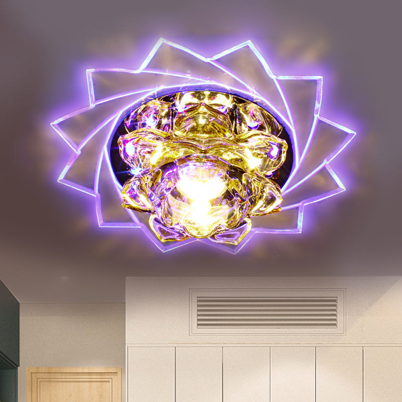 LED K9 Crystal Flush Ceiling Light Minimalist Style Yellow Lotus Bedroom Flush Mount in Purple/Blue Light Yellow Clearhalo 'Ceiling Lights' 'Close To Ceiling Lights' 'Close to ceiling' 'Flush mount' Lighting' 814365