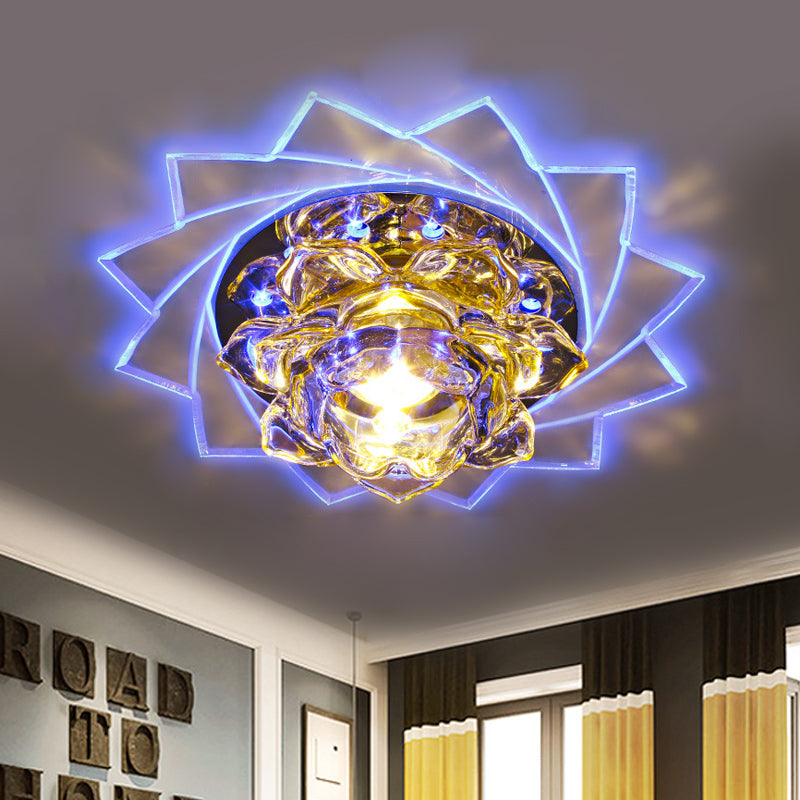 LED K9 Crystal Flush Ceiling Light Minimalist Style Yellow Lotus Bedroom Flush Mount in Purple/Blue Light Clearhalo 'Ceiling Lights' 'Close To Ceiling Lights' 'Close to ceiling' 'Flush mount' Lighting' 814366