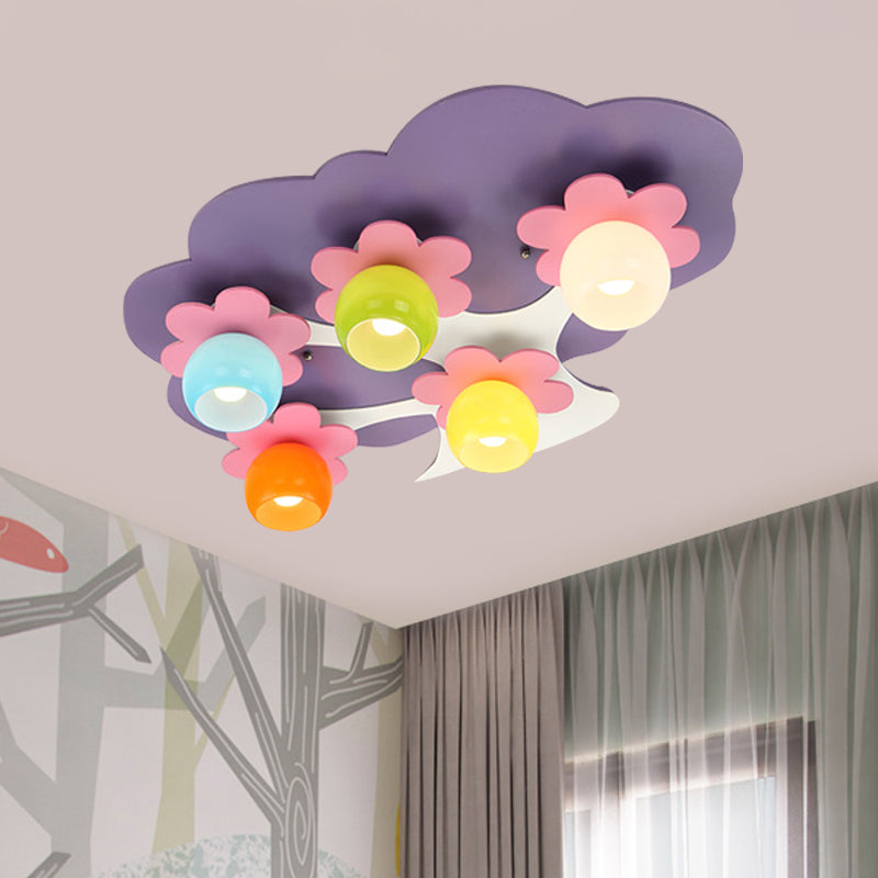 Kids 5-Light Semi Flush Light Fixture Purple Blossom Tree Ceiling Lamp with Colored Glass Shade Purple Clearhalo 'Ceiling Lights' 'Close To Ceiling Lights' 'Close to ceiling' 'Semi-flushmount' Lighting' 814381