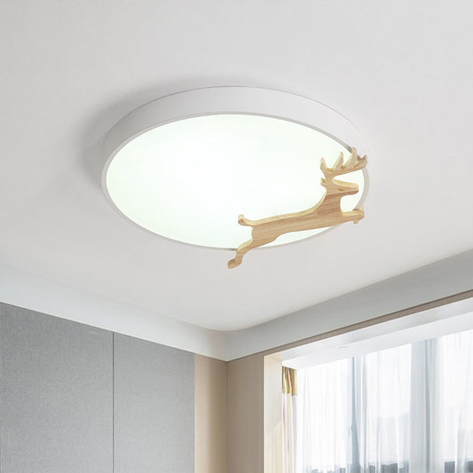 Running Deer Pattern Round Flush Light Nordic Acrylic Grey/White/Green and Wood LED Ceiling Mounted Lamp White Clearhalo 'Ceiling Lights' 'Close To Ceiling Lights' 'Close to ceiling' 'Flush mount' Lighting' 814385
