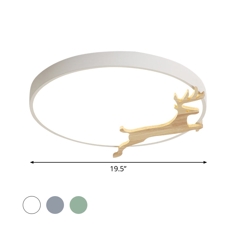 Running Deer Pattern Round Flush Light Nordic Acrylic Grey/White/Green and Wood LED Ceiling Mounted Lamp Clearhalo 'Ceiling Lights' 'Close To Ceiling Lights' 'Close to ceiling' 'Flush mount' Lighting' 814388