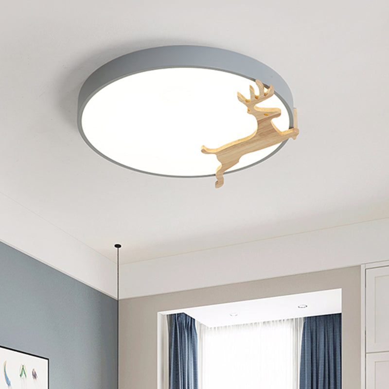 Running Deer Pattern Round Flush Light Nordic Acrylic Grey/White/Green and Wood LED Ceiling Mounted Lamp Clearhalo 'Ceiling Lights' 'Close To Ceiling Lights' 'Close to ceiling' 'Flush mount' Lighting' 814390