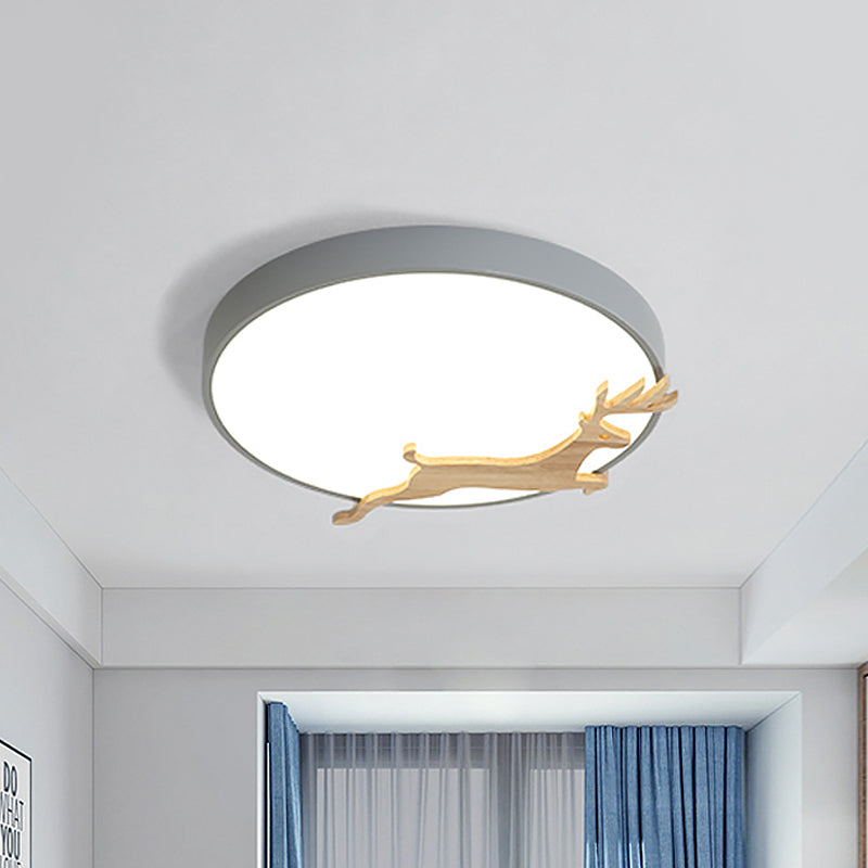 Running Deer Pattern Round Flush Light Nordic Acrylic Grey/White/Green and Wood LED Ceiling Mounted Lamp Clearhalo 'Ceiling Lights' 'Close To Ceiling Lights' 'Close to ceiling' 'Flush mount' Lighting' 814391