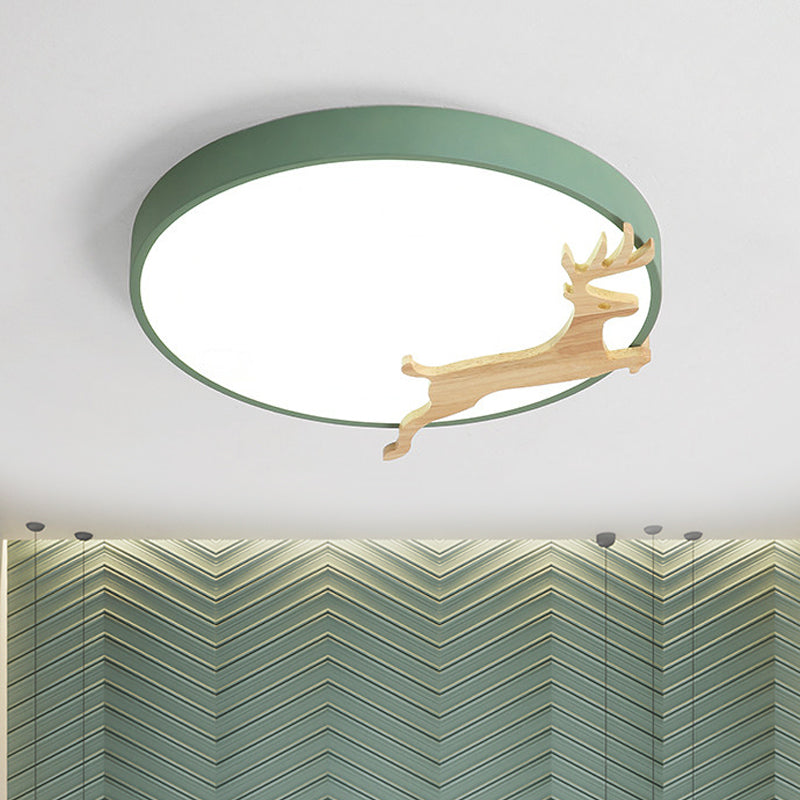 Running Deer Pattern Round Flush Light Nordic Acrylic Grey/White/Green and Wood LED Ceiling Mounted Lamp Green Clearhalo 'Ceiling Lights' 'Close To Ceiling Lights' 'Close to ceiling' 'Flush mount' Lighting' 814393