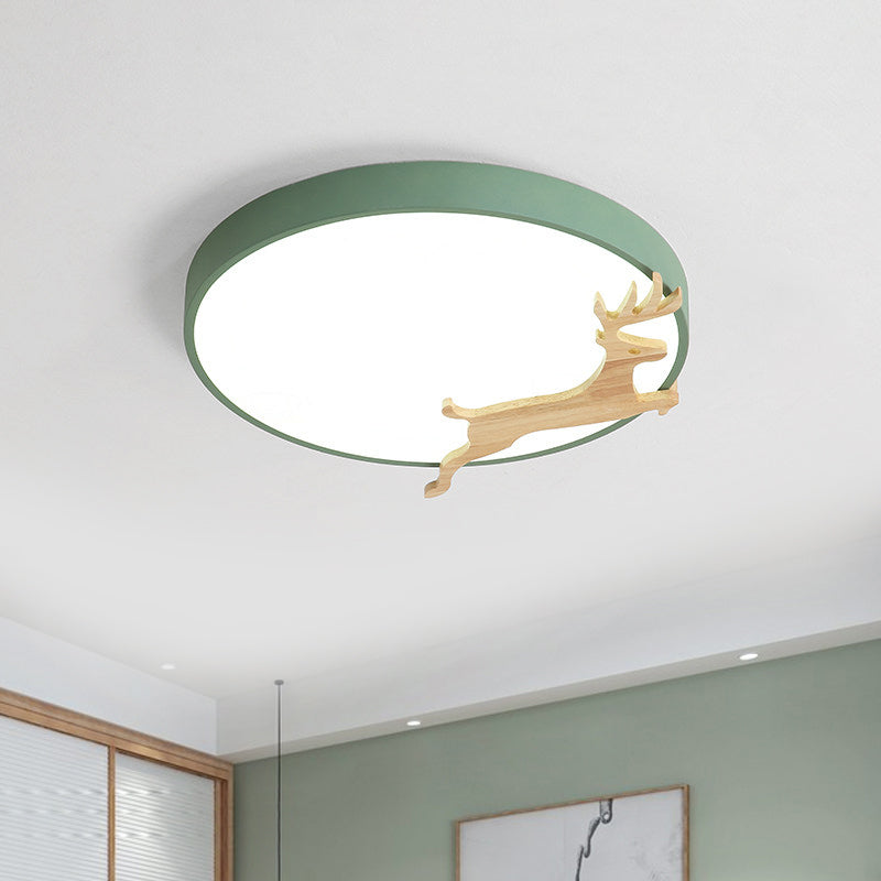 Running Deer Pattern Round Flush Light Nordic Acrylic Grey/White/Green and Wood LED Ceiling Mounted Lamp Clearhalo 'Ceiling Lights' 'Close To Ceiling Lights' 'Close to ceiling' 'Flush mount' Lighting' 814394