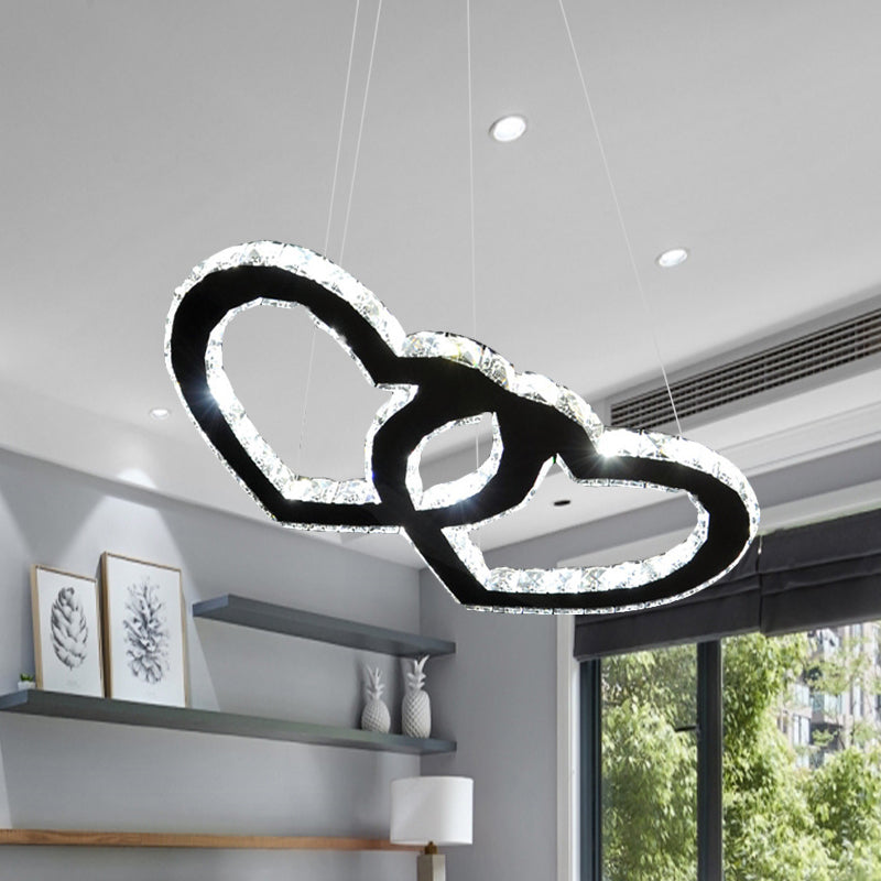 Clear Crystal Black Chandelier Lighting Double Loving Heart LED Modern Pendant Lamp with Shade in Warm/White Light Black Clearhalo 'Ceiling Lights' 'Chandeliers' 'Modern Chandeliers' 'Modern' Lighting' 814543