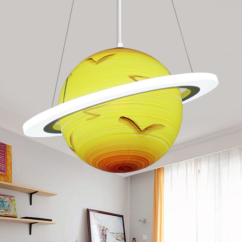 Kids 1 Bulb Suspension Light Yellow-Brown Jupiter/Blue Earth/Orange Sun Globe Pendant Chandelier with Acrylic Shade Clearhalo 'Ceiling Lights' 'Chandeliers' Lighting' options 814564