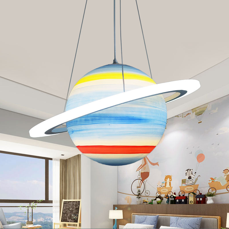 Kids 1 Bulb Suspension Light Yellow-Brown Jupiter/Blue Earth/Orange Sun Globe Pendant Chandelier with Acrylic Shade Clearhalo 'Ceiling Lights' 'Chandeliers' Lighting' options 814568