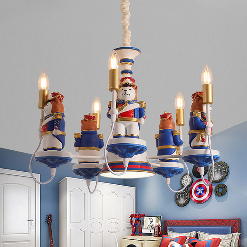 Resin Bear Soldier Chandelier Cartoon 3/5-Head Blue Hanging Pendant Light with Open Bulb Design Clearhalo 'Ceiling Lights' 'Chandeliers' Lighting' options 814583