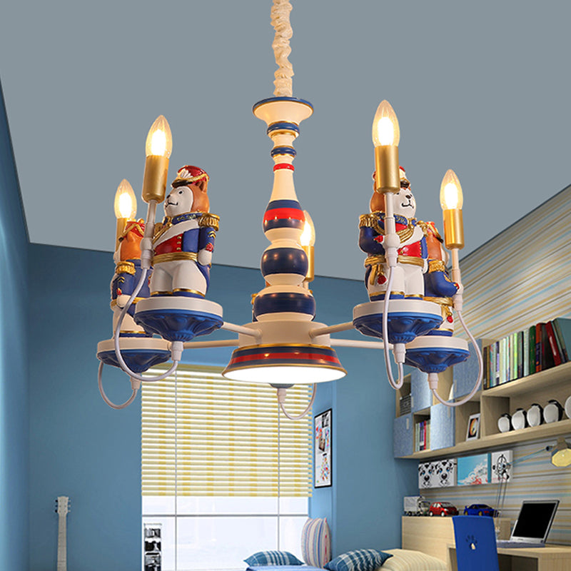 Resin Bear Soldier Chandelier Cartoon 3/5-Head Blue Hanging Pendant Light with Open Bulb Design Clearhalo 'Ceiling Lights' 'Chandeliers' Lighting' options 814585