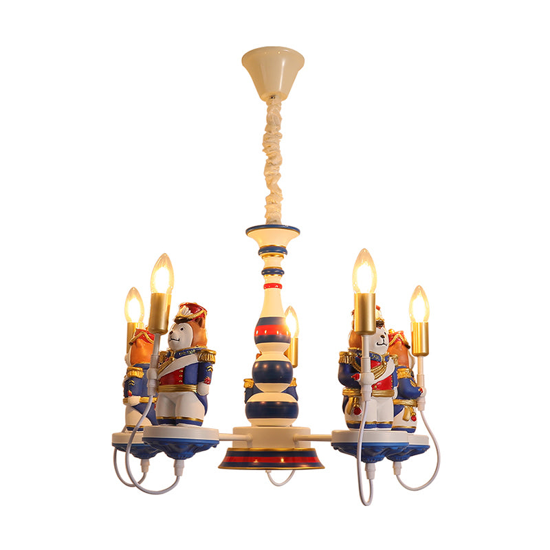 Resin Bear Soldier Chandelier Cartoon 3/5-Head Blue Hanging Pendant Light with Open Bulb Design Clearhalo 'Ceiling Lights' 'Chandeliers' Lighting' options 814586