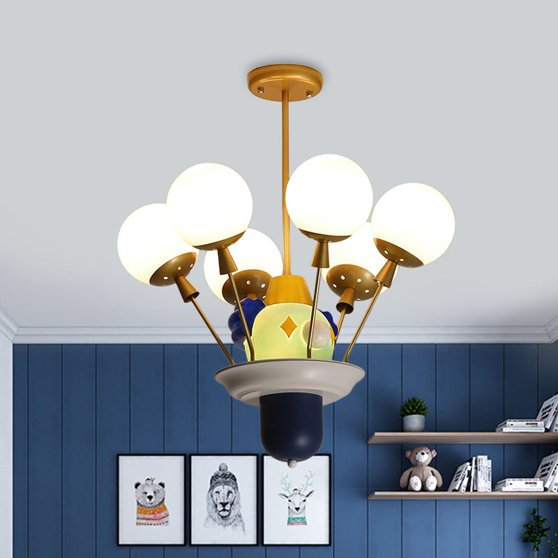 Clown and Balloon Chandelier Kids White/Blue-Pink-Yellow Glass 6 Bulbs Play Room Hanging Pendant Light White Clearhalo 'Ceiling Lights' 'Chandeliers' Lighting' options 814588_0489f7dd-c8b5-4b8e-90ec-5b52befdeff3