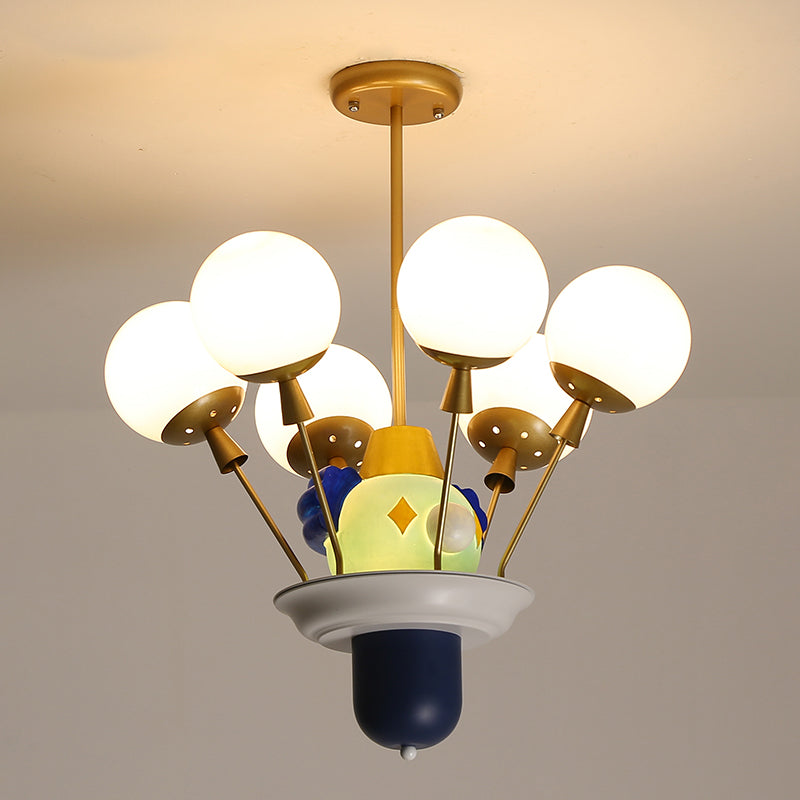 Clown and Balloon Chandelier Kids White/Blue-Pink-Yellow Glass 6 Bulbs Play Room Hanging Pendant Light Clearhalo 'Ceiling Lights' 'Chandeliers' Lighting' options 814590