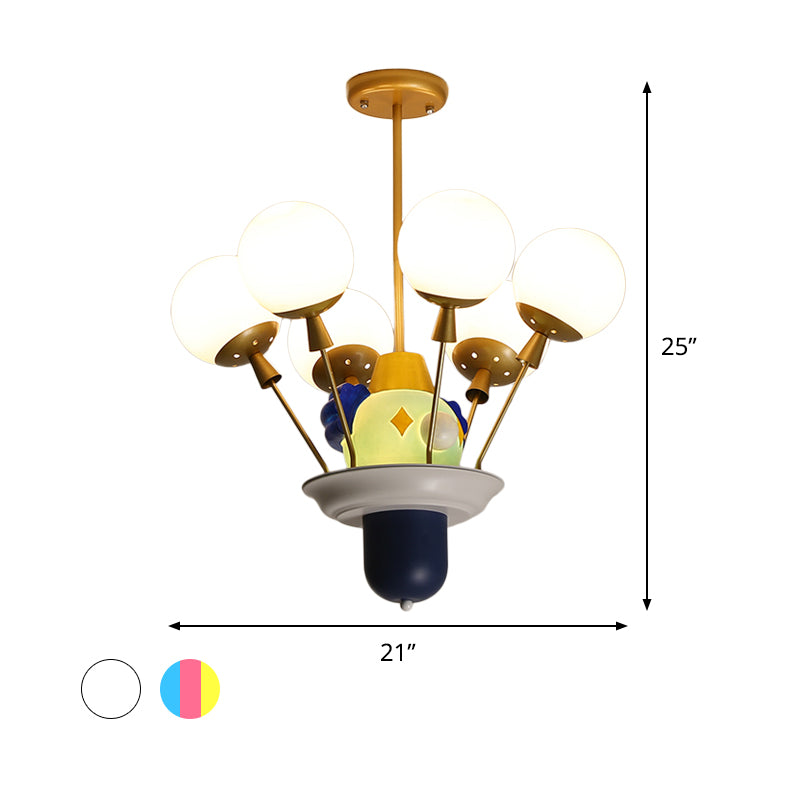 Clown and Balloon Chandelier Kids White/Blue-Pink-Yellow Glass 6 Bulbs Play Room Hanging Pendant Light Clearhalo 'Ceiling Lights' 'Chandeliers' Lighting' options 814591