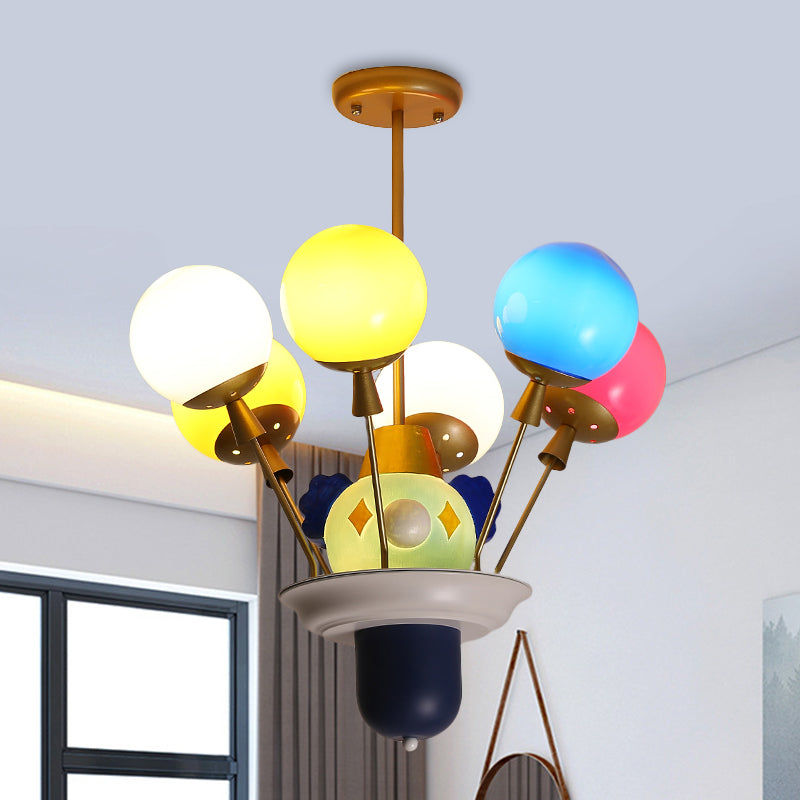 Clown and Balloon Chandelier Kids White/Blue-Pink-Yellow Glass 6 Bulbs Play Room Hanging Pendant Light Clearhalo 'Ceiling Lights' 'Chandeliers' Lighting' options 814592