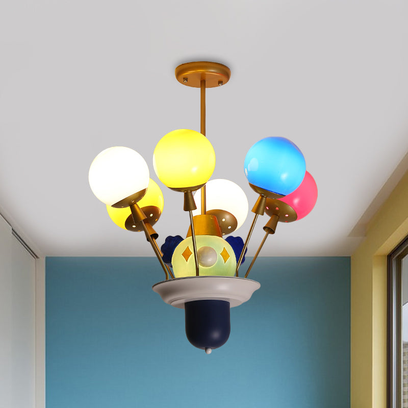 Clown and Balloon Chandelier Kids White/Blue-Pink-Yellow Glass 6 Bulbs Play Room Hanging Pendant Light Clearhalo 'Ceiling Lights' 'Chandeliers' Lighting' options 814593