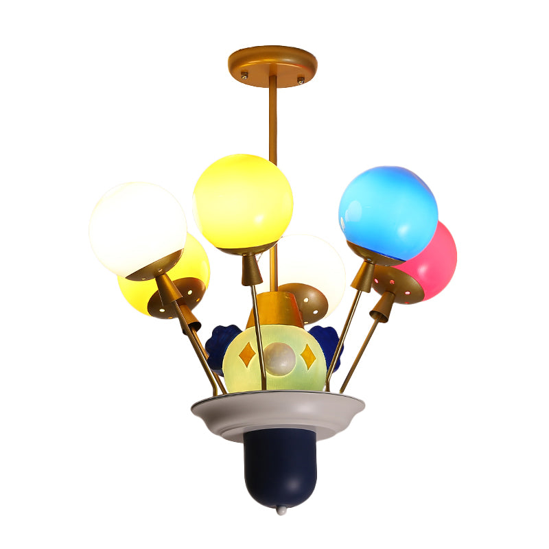 Clown and Balloon Chandelier Kids White/Blue-Pink-Yellow Glass 6 Bulbs Play Room Hanging Pendant Light Clearhalo 'Ceiling Lights' 'Chandeliers' Lighting' options 814594