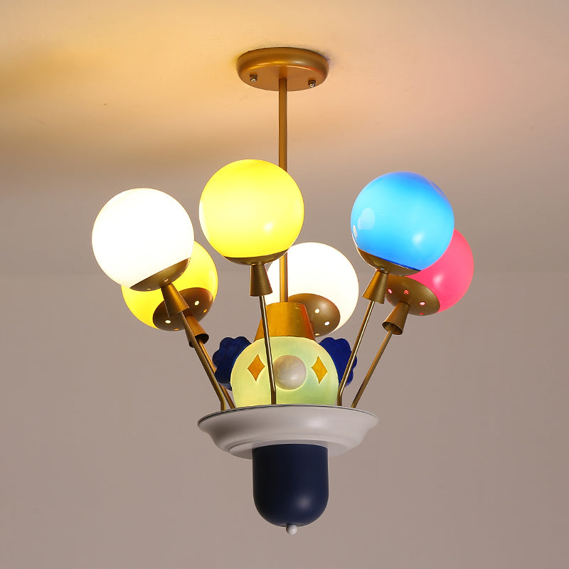 Clown and Balloon Chandelier Kids White/Blue-Pink-Yellow Glass 6 Bulbs Play Room Hanging Pendant Light Clearhalo 'Ceiling Lights' 'Chandeliers' Lighting' options 814595