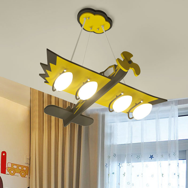 Kids Aircraft Chandelier Wood 4 Bulbs Children Game Room Hanging Lamp in Yellow with White Glass Shade Yellow Clearhalo 'Ceiling Lights' 'Chandeliers' Lighting' options 814600_782de678-d409-4f6d-84d1-b995db3a4579