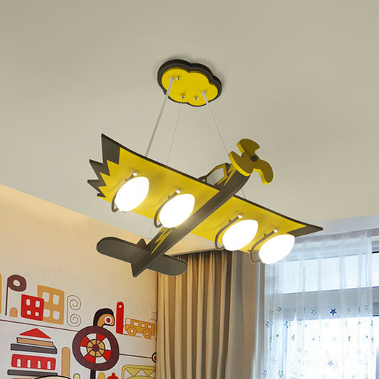 Kids Aircraft Chandelier Wood 4 Bulbs Children Game Room Hanging Lamp in Yellow with White Glass Shade Clearhalo 'Ceiling Lights' 'Chandeliers' Lighting' options 814601