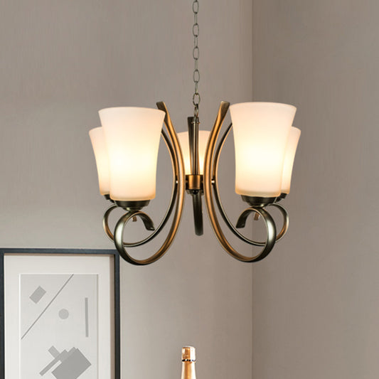 3 Lights Curving Hanging Lamp Vintage Brass Frosted Glass Chandelier Pendant Light for Restaurant Clearhalo 'Ceiling Lights' 'Chandeliers' Lighting' options 814605