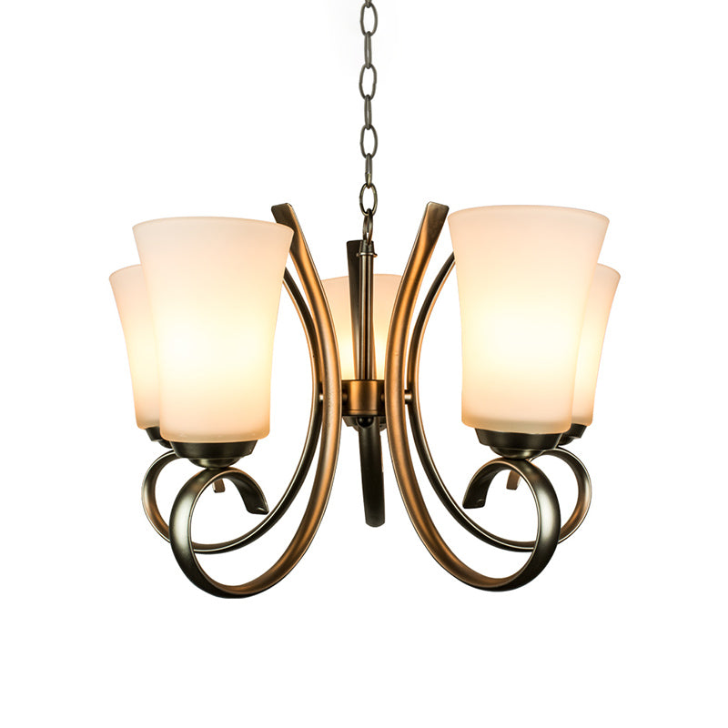 3 Lights Curving Hanging Lamp Vintage Brass Frosted Glass Chandelier Pendant Light for Restaurant Clearhalo 'Ceiling Lights' 'Chandeliers' Lighting' options 814606