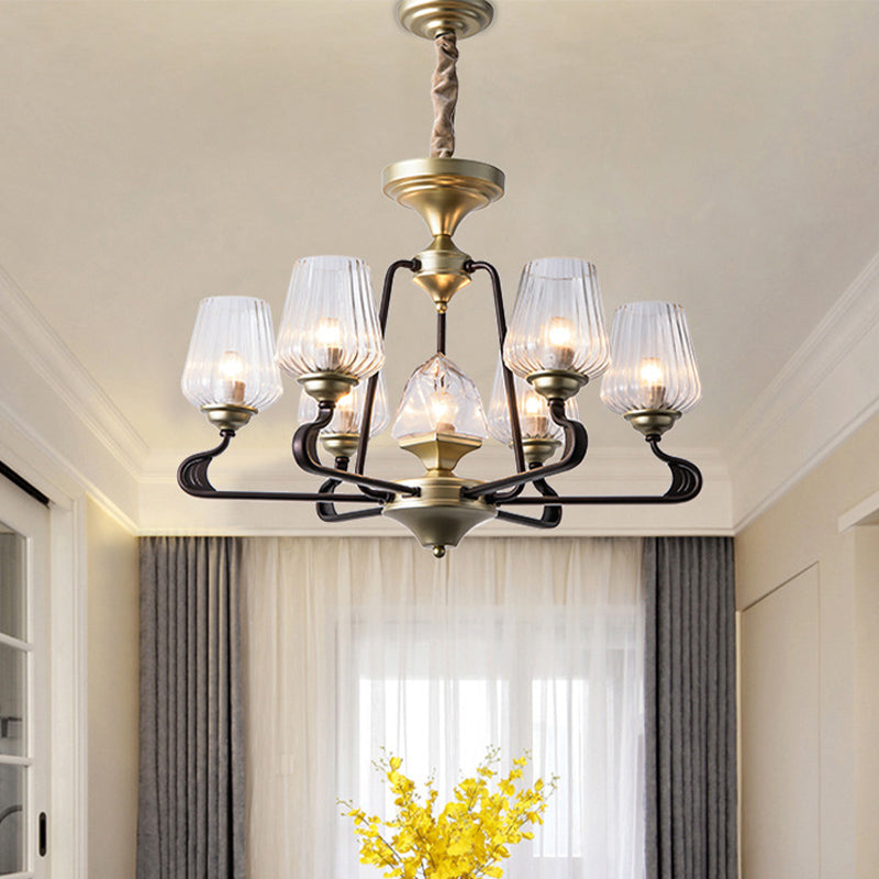 7-Head Clear Ribbed Glass Pendant Antique Black Tulip Dining Room Chandelier Lighting Clearhalo 'Ceiling Lights' 'Chandeliers' Lighting' options 814622