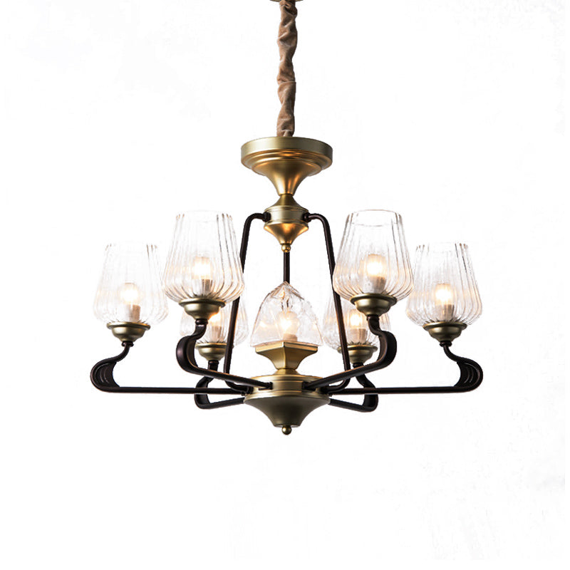 7-Head Clear Ribbed Glass Pendant Antique Black Tulip Dining Room Chandelier Lighting Clearhalo 'Ceiling Lights' 'Chandeliers' Lighting' options 814623