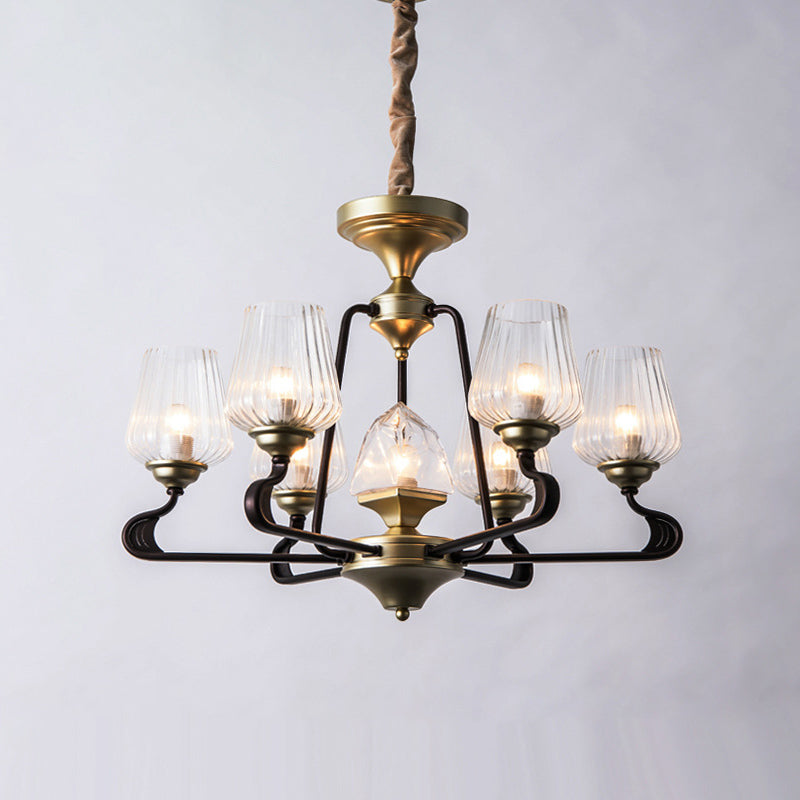 7-Head Clear Ribbed Glass Pendant Antique Black Tulip Dining Room Chandelier Lighting Clearhalo 'Ceiling Lights' 'Chandeliers' Lighting' options 814624