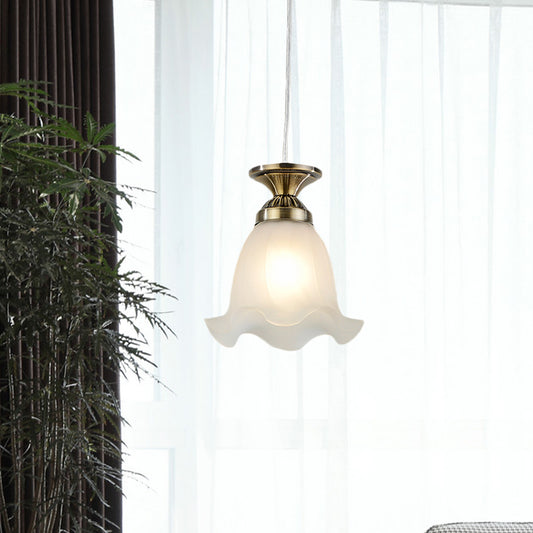 White Glass Scalloped Hanging Lamp Vintage 1-Bulb Living Room Suspension Pendant in Copper/Bronze Clearhalo 'Ceiling Lights' 'Pendant Lights' 'Pendants' Lighting' 814673