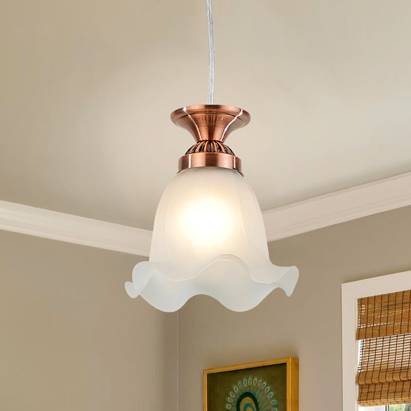 White Glass Scalloped Hanging Lamp Vintage 1-Bulb Living Room Suspension Pendant in Copper/Bronze Clearhalo 'Ceiling Lights' 'Pendant Lights' 'Pendants' Lighting' 814676
