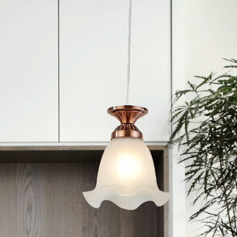 White Glass Scalloped Hanging Lamp Vintage 1-Bulb Living Room Suspension Pendant in Copper/Bronze Clearhalo 'Ceiling Lights' 'Pendant Lights' 'Pendants' Lighting' 814678